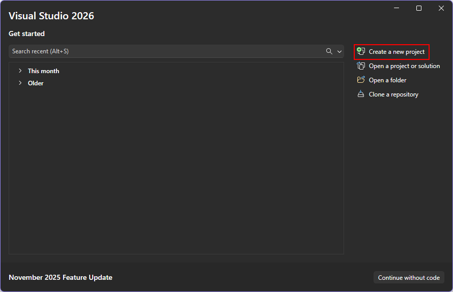 A del cuadro de diálogo de inicio de Visual Studio 2026. El botón 