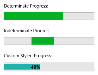 Control ProgressBar típico que muestra el relleno del indicador de progreso azul de izquierda a derecha.