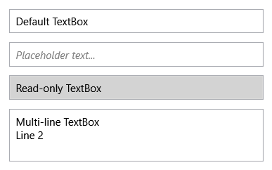 Captura de pantalla de cuatro controles TextBox que muestran diferentes estados.