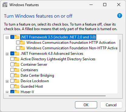 Captura de pantalla del cuadro de diálogo Características de Windows. Se selecciona .NET Framework 3.5.