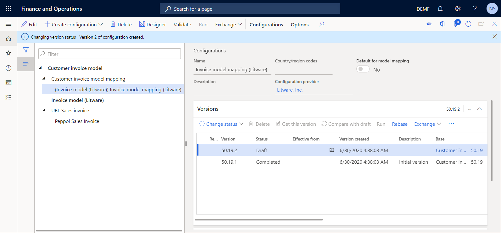 Versión 50.19.1 completada en la página Configuraciones.