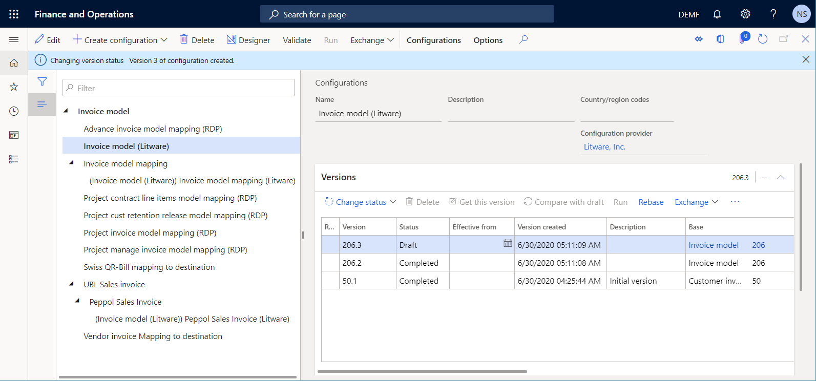 Versión 206.2 completada en la página Configuraciones.