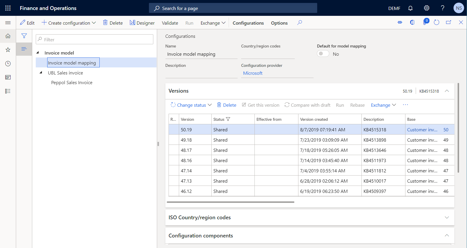 Configuración de la asignación del modelo de datos de ER para la asignación del modelo de factura en la página Configuraciones.