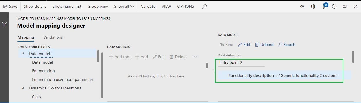 Screenshot of the ER model mapping designer page showing the Generic functionality 2 custom formula.