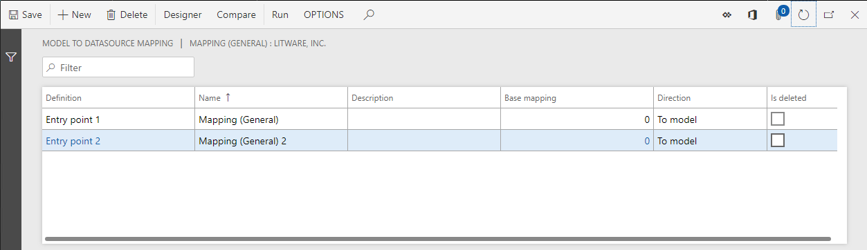 Screenshot of the ER model mappings page with entry point definitions.