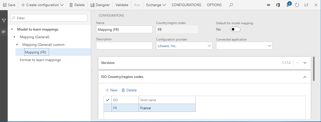Screenshot of the ER configurations page showing the Model mapping (FR) configuration.