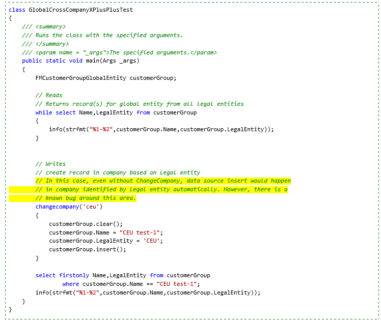 Screenshot of X++ test code that accesses the shared entity for reads and creates a record with a specific company.