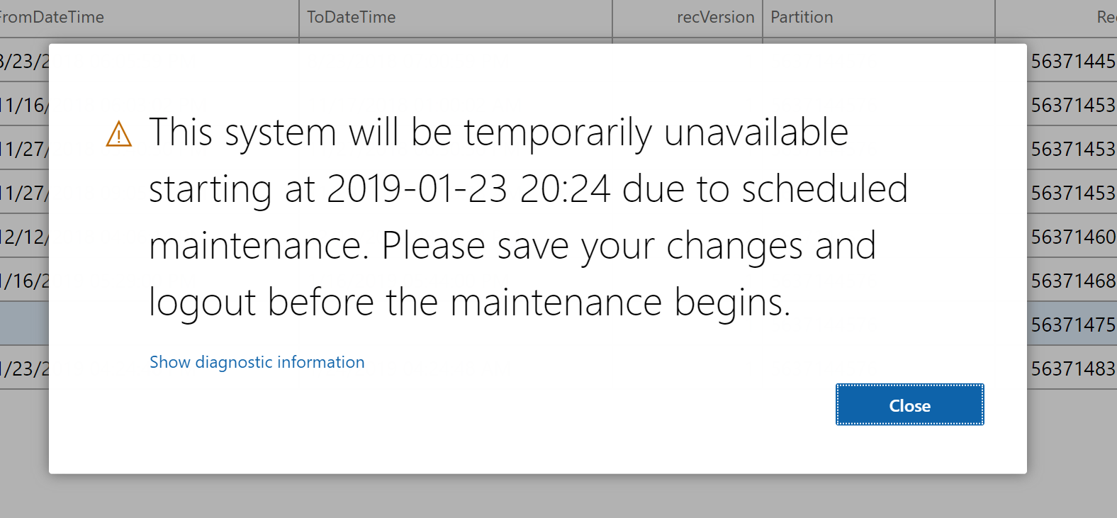 Screenshot of a broadcast message of downtime.