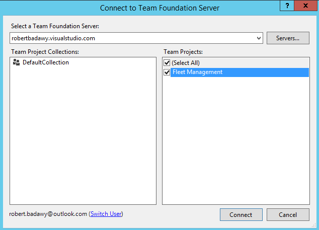 Screenshot of the Connect to Team Foundation Server dialog in Visual Studio.