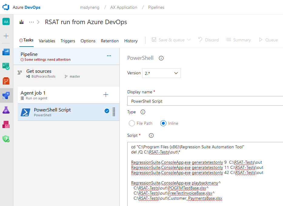Screenshot of configuring the PowerShell script task.