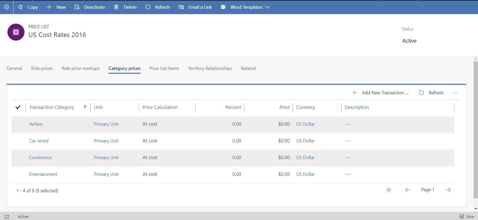 Configuración de precios para categorías de gastos.