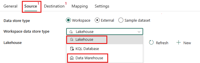 Captura de pantalla que muestra la pestaña de origen de lakehouse y almacén de datos.