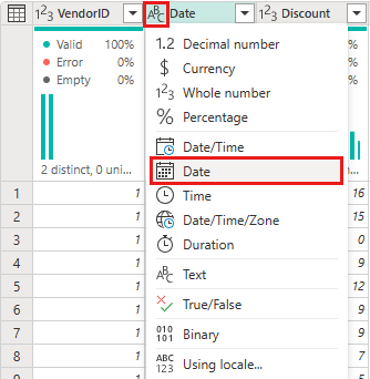 Captura de pantalla que muestra la selección del tipo de datos Date de la columna Fecha.