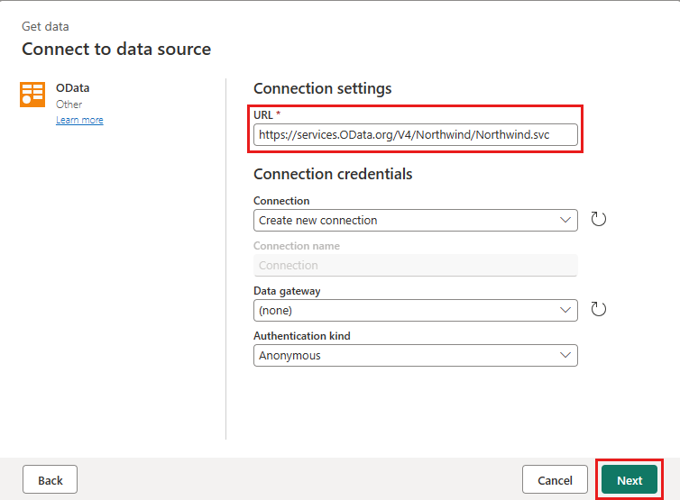 Captura de pantalla de la configuración de OData.