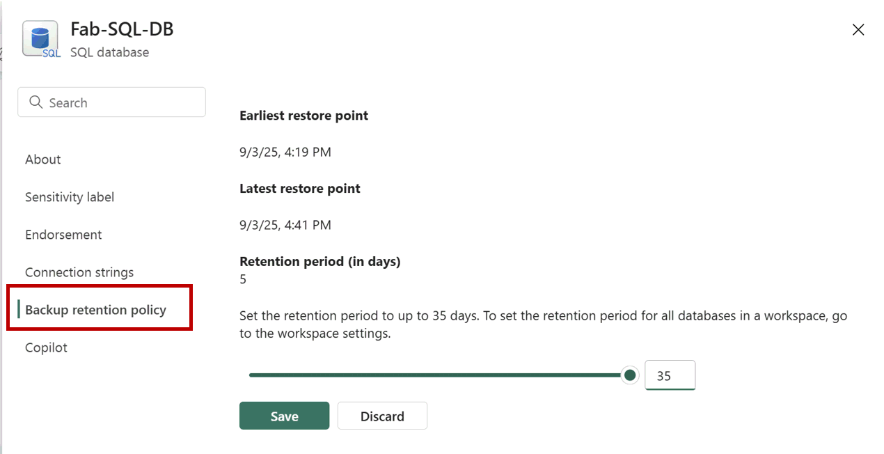 Captura de pantalla del portal de Fabric en la que se muestra cómo cambiar la directiva de retención de copia de seguridad en la configuración de la base de datos.