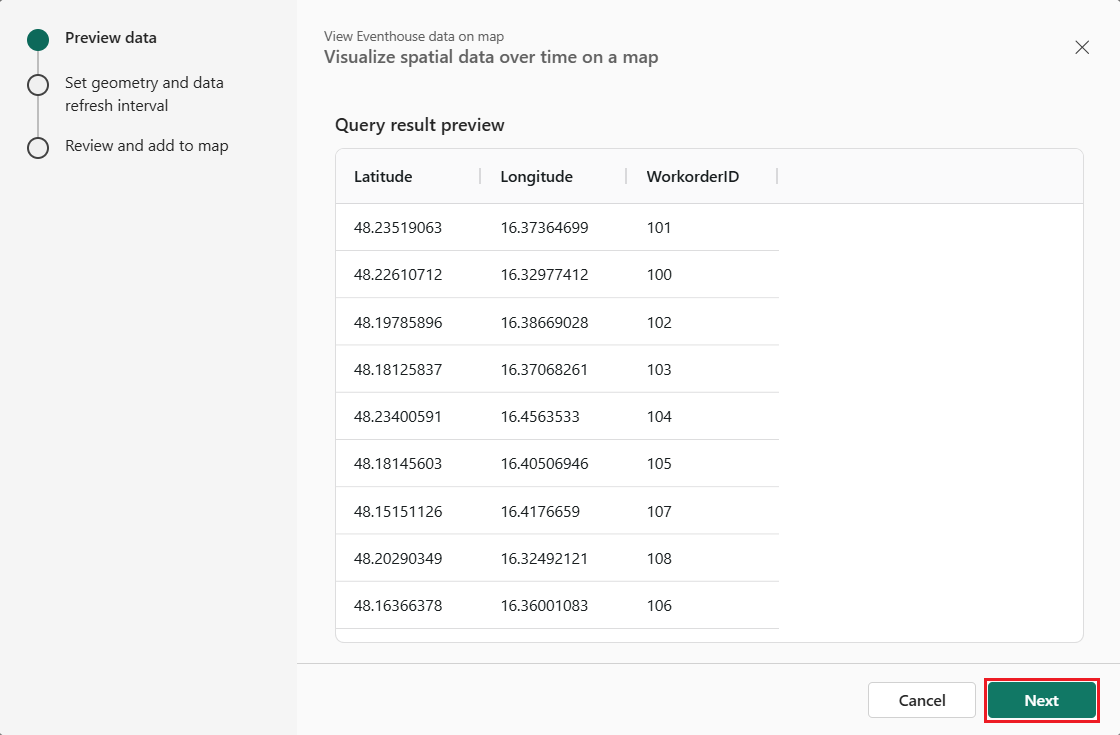 Captura de pantalla del cuadro de diálogo Ver datos de Eventhouse en el mapa de Microsoft Fabric que muestra tres pasos a la izquierda: Vista previa de los datos con una marca de verificación verde, Establecer geometría e intervalo de actualización de datos, y Revisar y agregar al mapa. En el panel principal se muestra Visualizar datos espaciales a lo largo del tiempo en un mapa con una lista desplegable para seleccionar una consulta KQL para visualizar establecida en WorkordersFunction. A continuación se muestra una tabla de vista previa de resultados de consulta con columnas para Latitud, Longitud y WorkorderID que muestra nueve registros de orden de trabajo con coordenadas en el área de Viena, Austria. Los botones Atrás y Siguiente aparecen en la parte inferior derecha.
