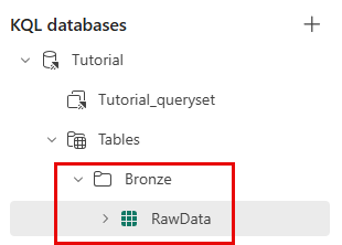 Captura de pantalla de la subcarpeta Bronze que contiene la tabla RawData.