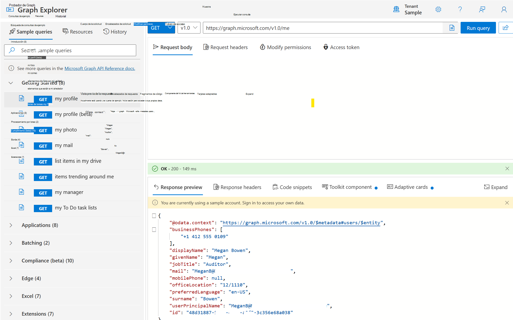 Captura de pantalla de la interfaz de usuario del Explorador de Graph, que muestra los resultados devueltos de la consulta GET my profile.