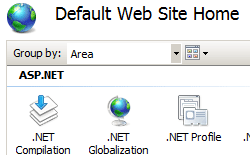 Captura de pantalla de la pantalla Inicio del sitio web predeterminado, en la que se muestran las opciones compilación de puntos NET, globalización de NET y perfil de NET.