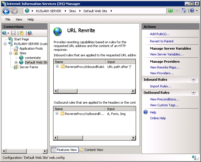 Captura de pantalla de I I S Manager que muestra la página de reescritura de U R L.