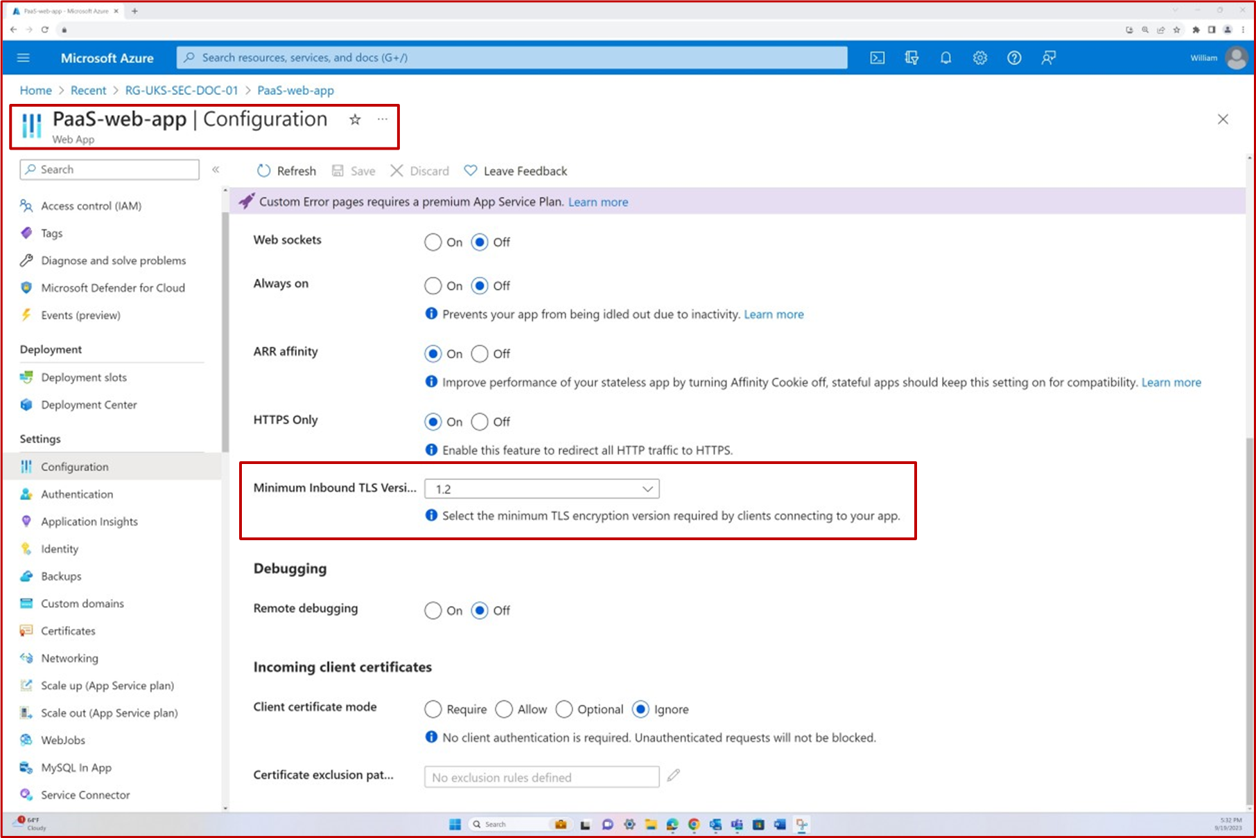 Azure configuración de la aplicación web con la versión mínima de TLS resaltada