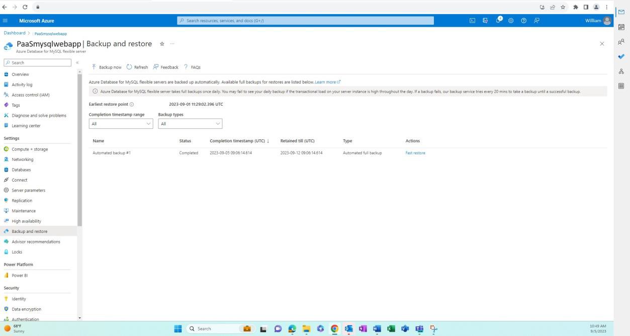 Azure la configuración de copia de seguridad y restauración de MySQL.