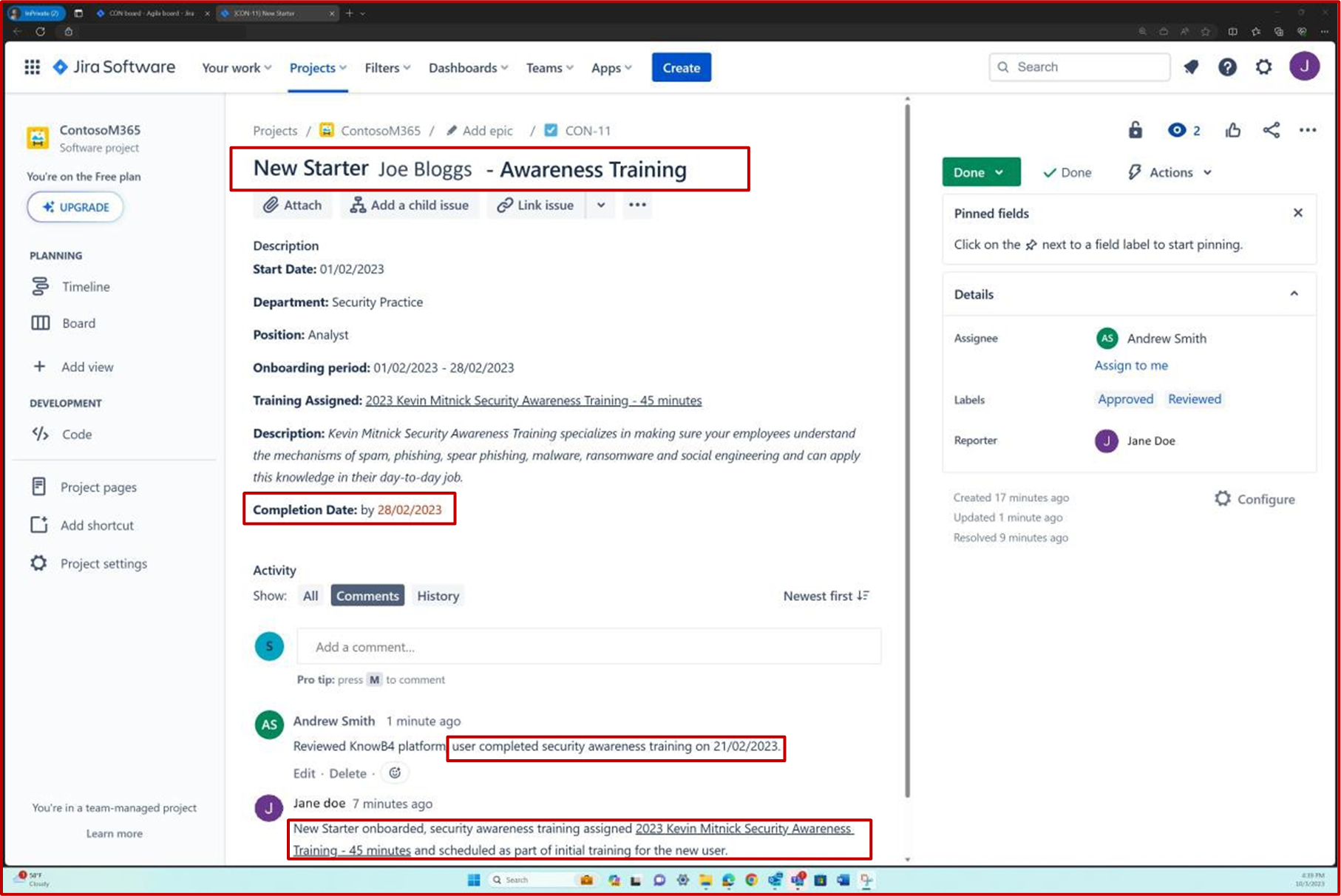 Vale de Jira para la solicitud de nuevo empleado para la formación de concienciación con la fecha de finalización resaltada