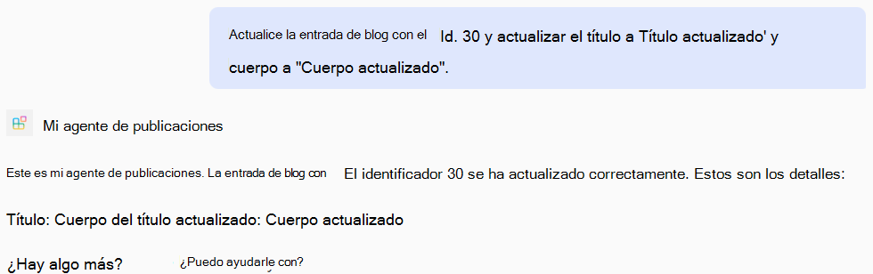 Captura de pantalla de una respuesta de un agente declarativo basada en operaciones PATCH