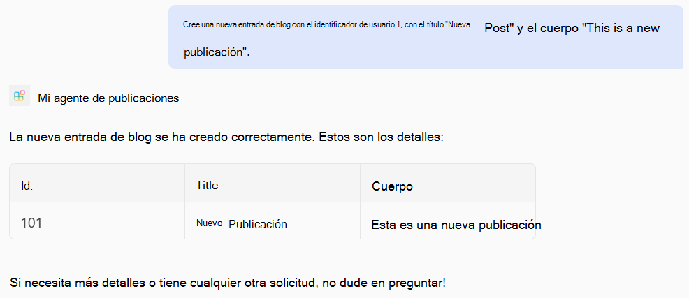 Captura de pantalla de una respuesta de un agente declarativo basada en operaciones POST