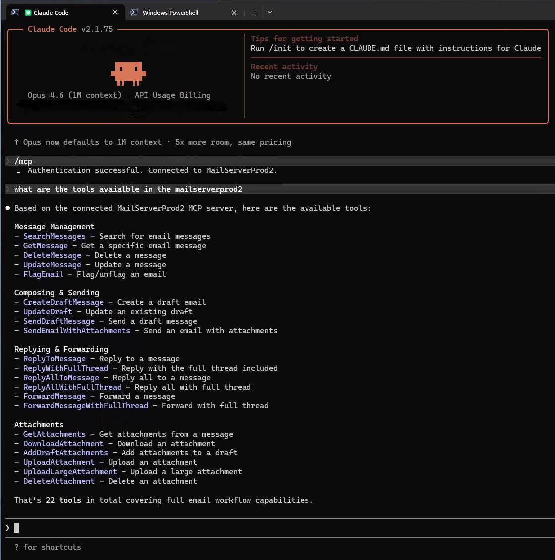 La imagen muestra una ventana de script de PowerShell con varios comandos relacionados con el servidor MCP de Work IQ Mail.