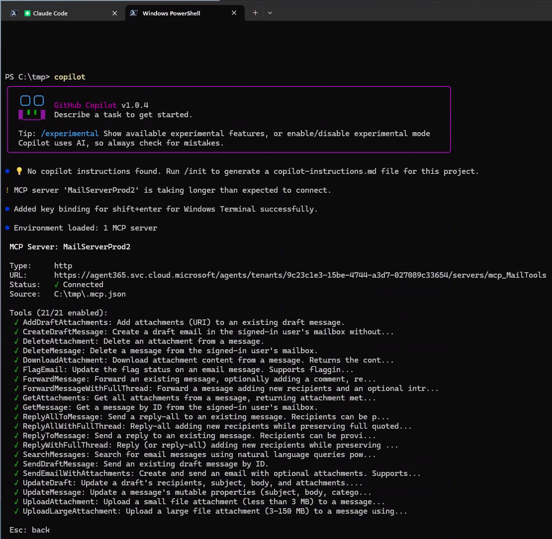 La imagen muestra una sesión de consola de Windows PowerShell donde se usa la CLI de GitHub Copilot para interactuar con el servidor MCP.