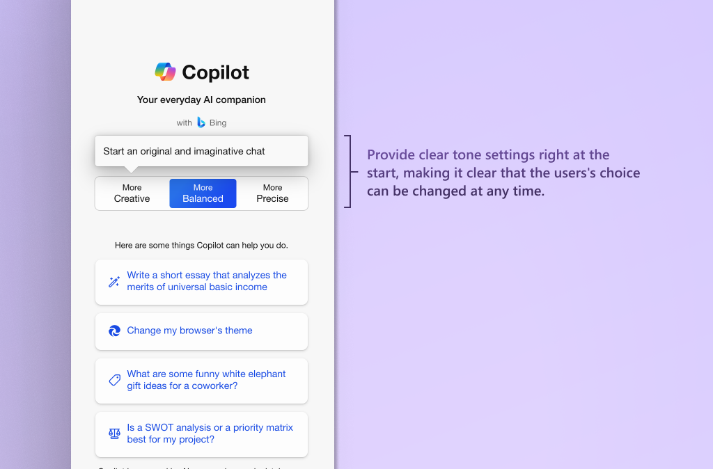 Captura de pantalla que muestra las opciones de configuración de tono y solicita acciones que copilot puede realizar.