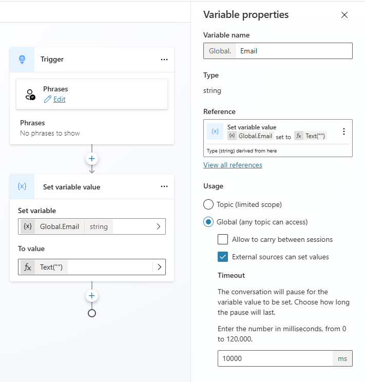 Captura de pantalla de la configuración de una variable global que se establecerá desde un origen externo