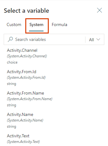 Captura de pantalla de variables del sistema en un tópico de agente