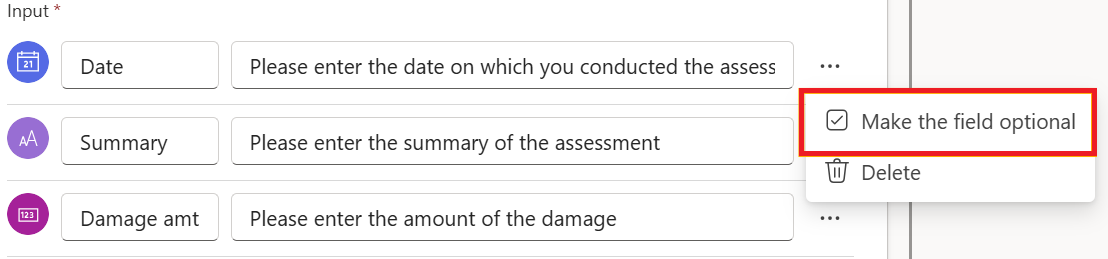 Captura de pantalla de configurar una entrada como opcional en Copilot Studio.