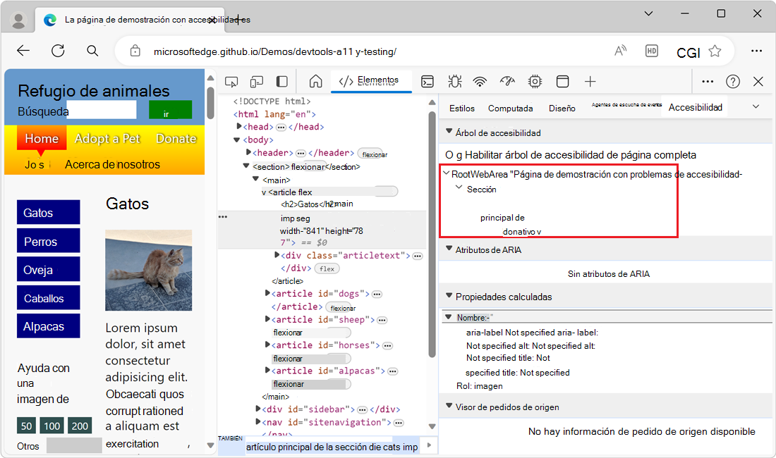 Sección Árbol de accesibilidad