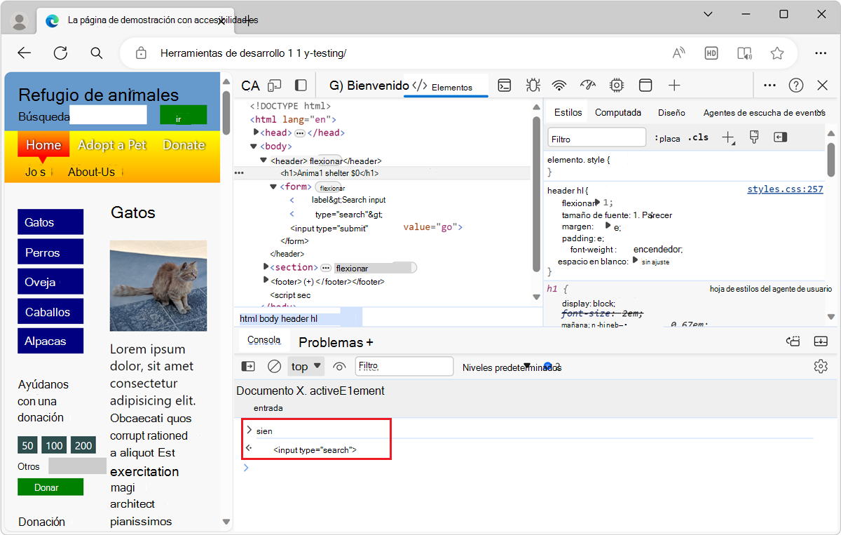 Elemento centrado como una nueva variable en la herramienta Consola