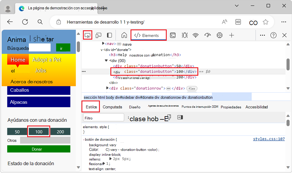 Botón Donativo seleccionado en la herramienta Elementos