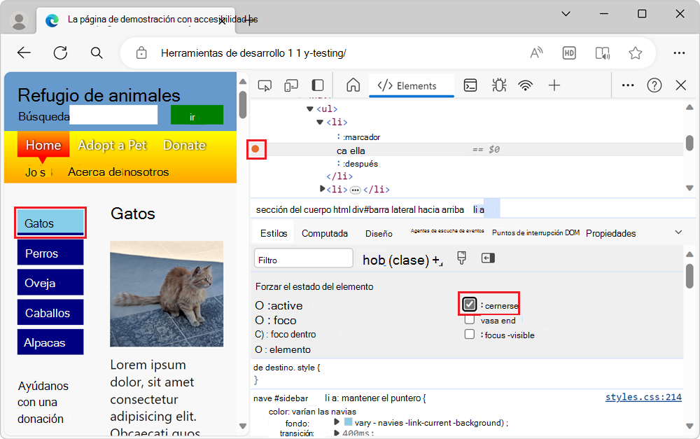 DevTools simulando un estado de mouse