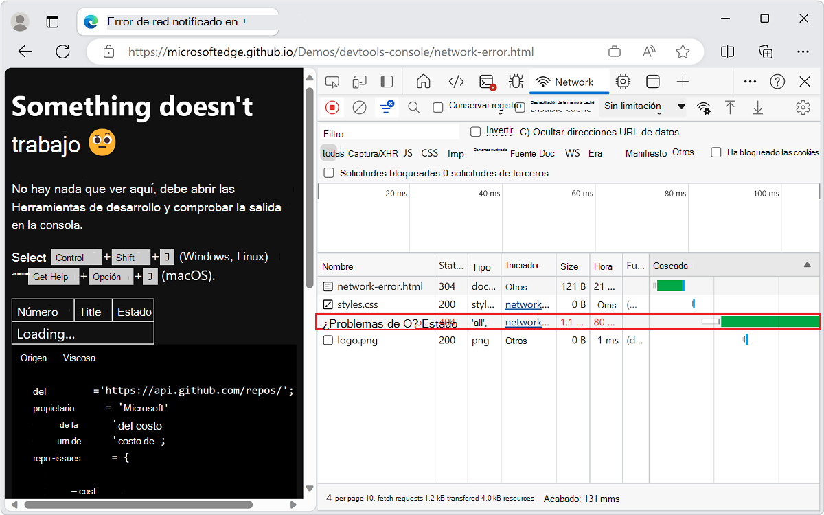 La herramienta Red muestra más información sobre la solicitud con errores
