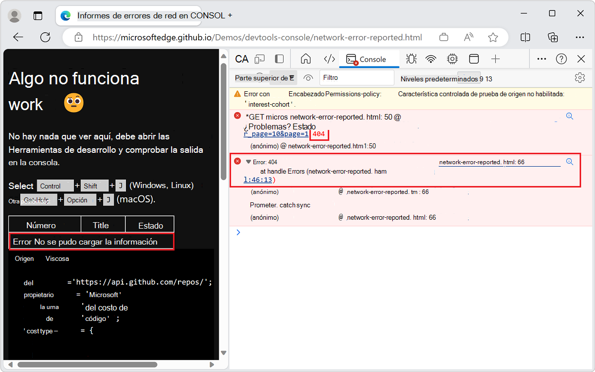 Ejemplo que detecta e informa de errores
