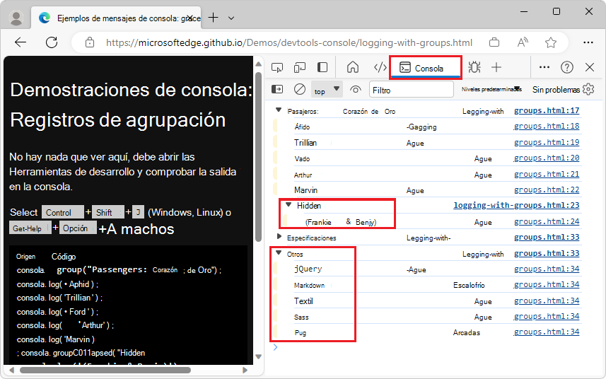Cada grupo se puede expandir y contraer