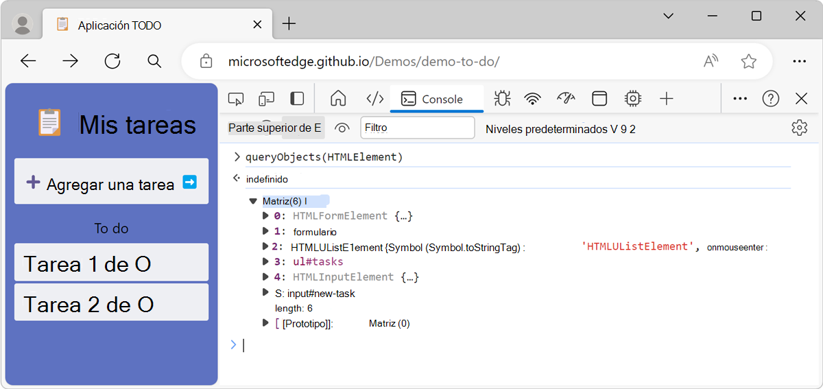 Resultado de la función queryObjects()