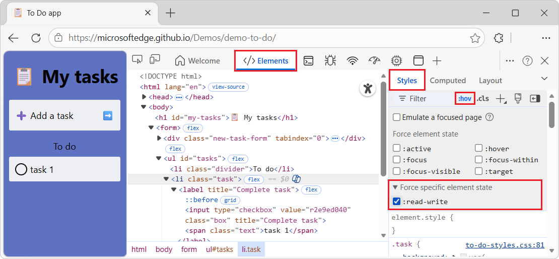 La sección Force specific element state (Forzar estado de elemento específico) de un elemento 'textarea'