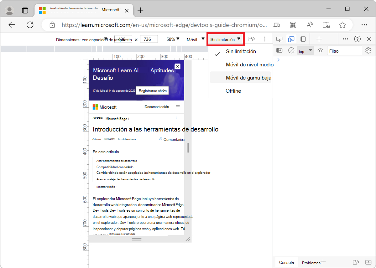 La lista Limitación de la barra de herramientas del dispositivo