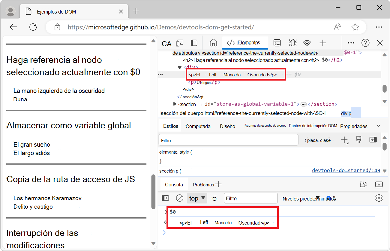 Resultado de la primera expresión $0 en la consola