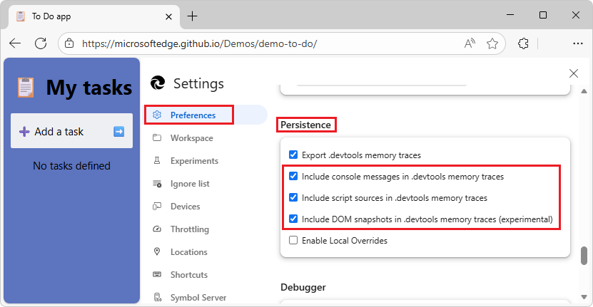 El panel Configuración de DevTools, que muestra las opciones de seguimiento
