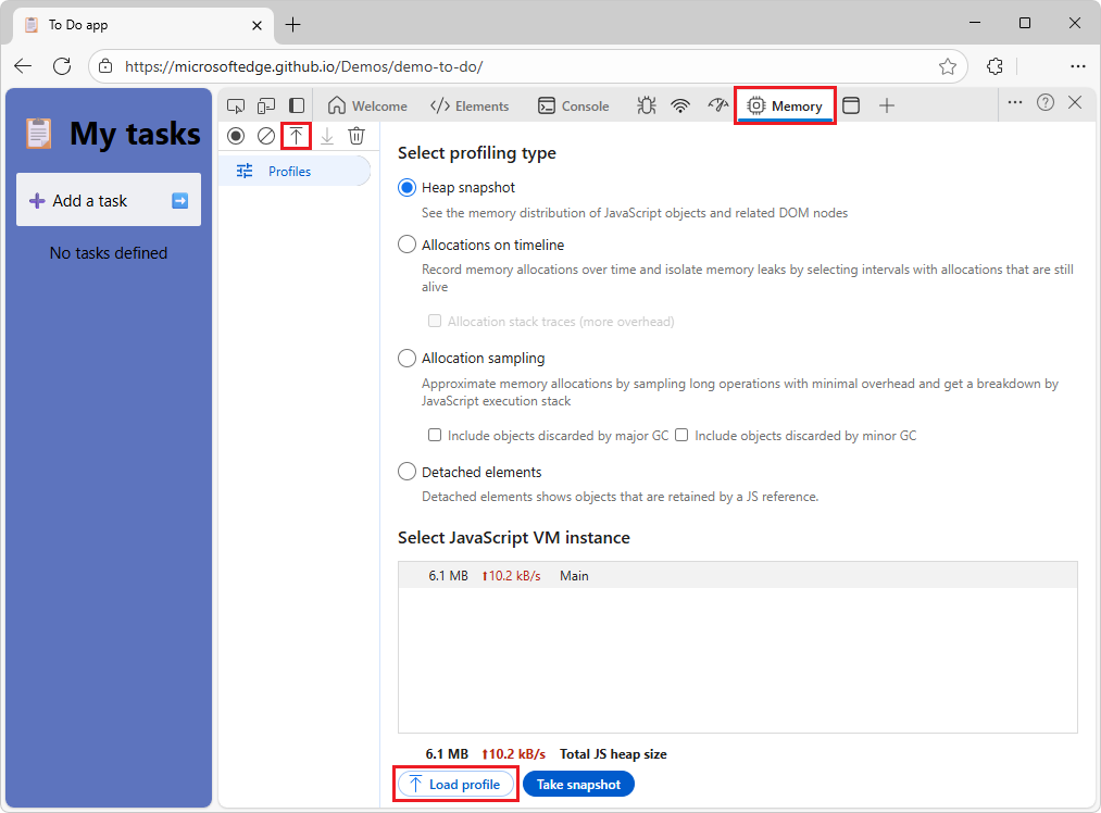 Microsoft Edge, que muestra la herramienta Memoria en DevTools, con el botón Cargar