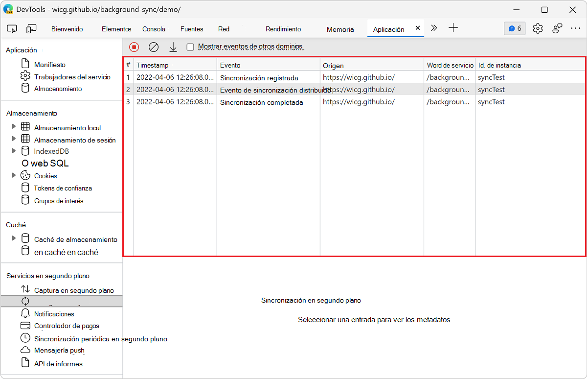 Registro de eventos en el panel Sincronización en segundo plano