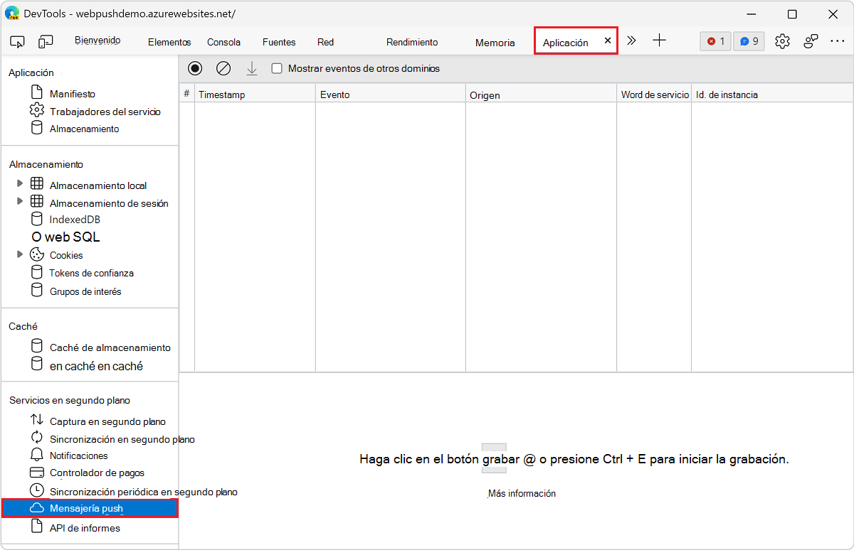 Abra el panel Mensajería push